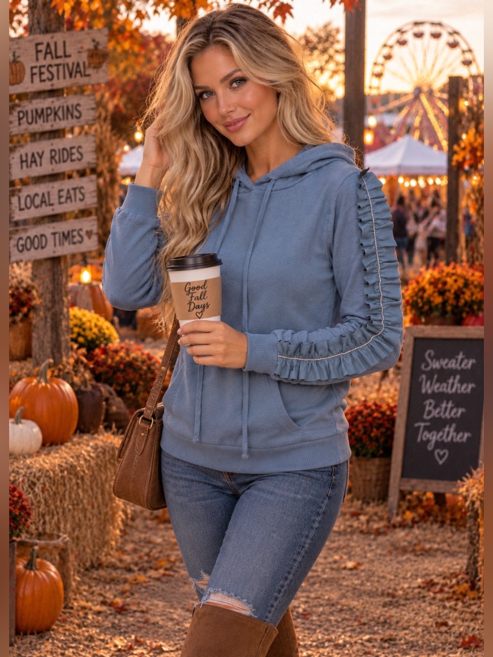 WHY Dress Blue Ruffle Rhinestone Sleeve Hooded Sweater Top Size M